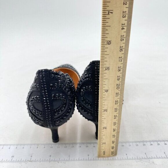 XYD Black Elegant Pointed Toe D'Orsay Kitten Heel Rhinestone Studs Satin Pump - Picture 5 of 8